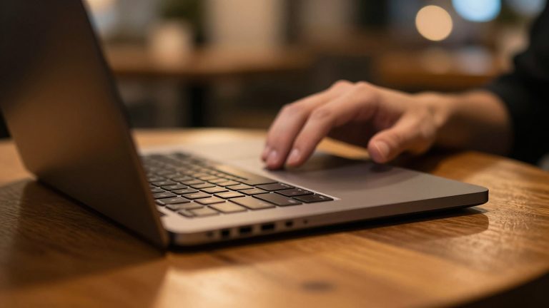 Ilustrasi tangan di atas keyboard laptop dengan layar gelap di meja kayu