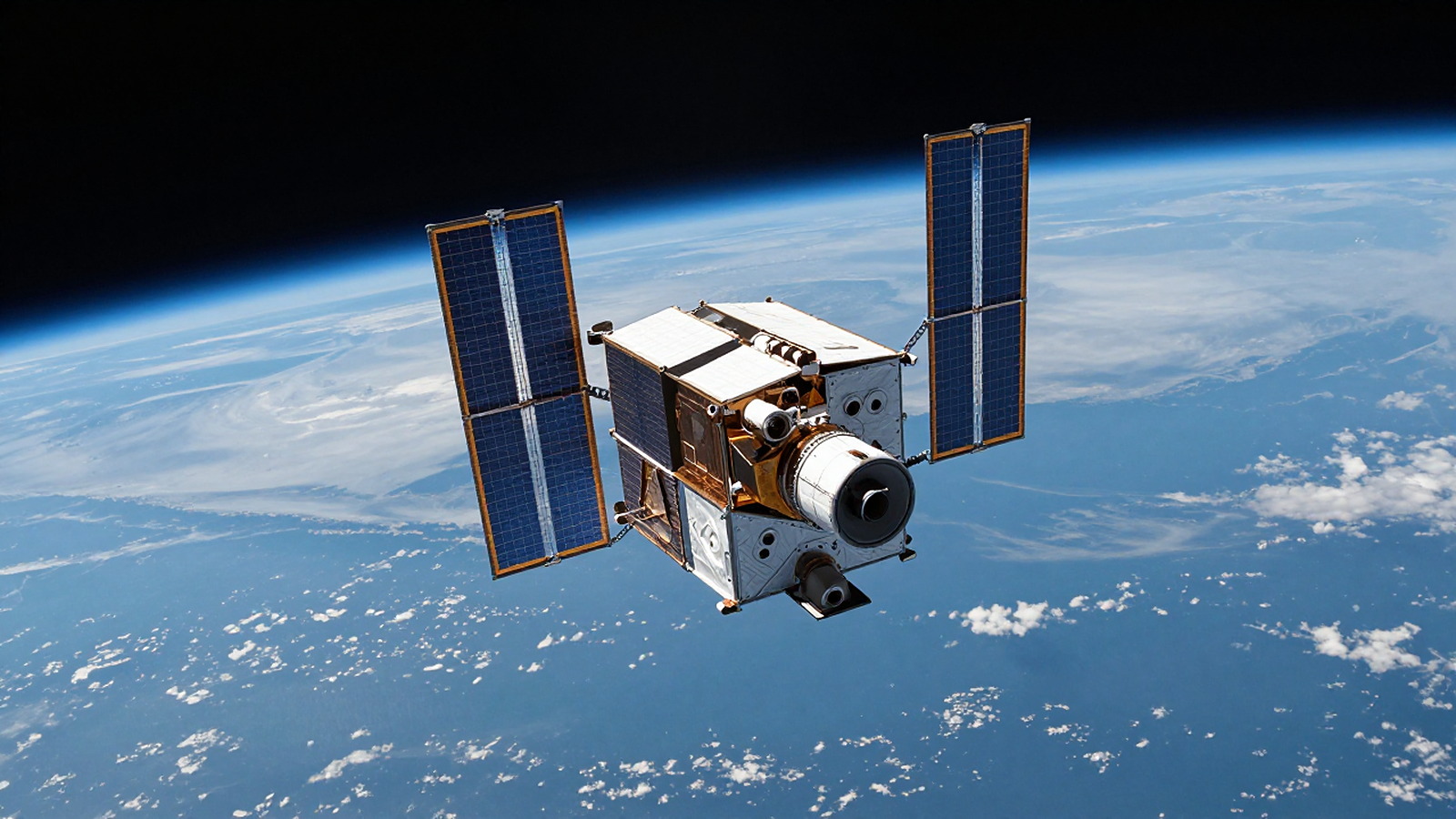 Ilustrasi satelit kecil dengan panel surya mengorbit di atas Bumi