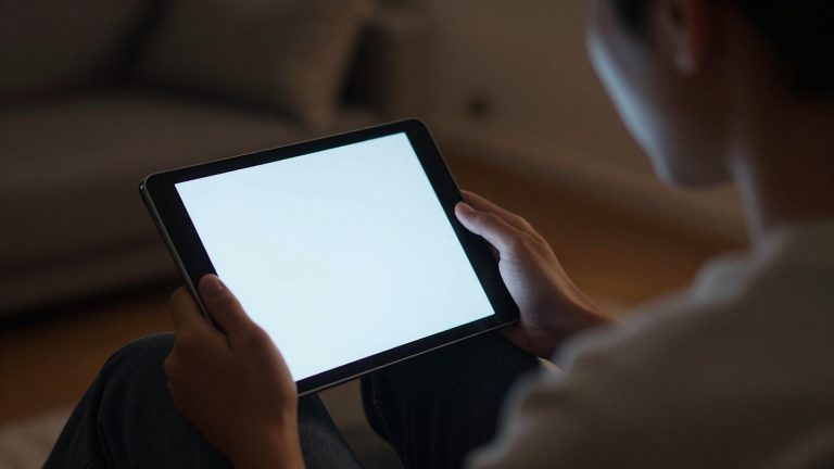 Ilustrasi seseorang menonton video di tablet pada malam hari