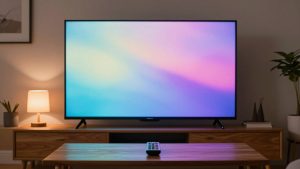 Ilustrasi televisi di ruang keluarga menampilkan layar abstrak dengan remote di atas meja