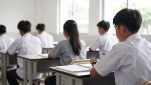 Ilustrasi siswa SMA berseragam menulis di buku catatan di dalam kelas yang terang