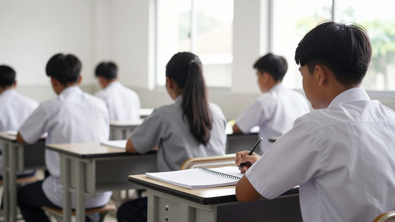 Ilustrasi siswa SMA berseragam menulis di buku catatan di dalam kelas yang terang