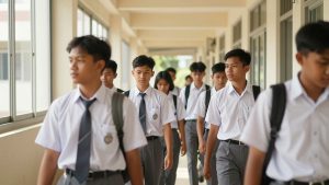 Ilustrasi siswa SMA berseragam berjalan di koridor sekolah pada pagi hari
