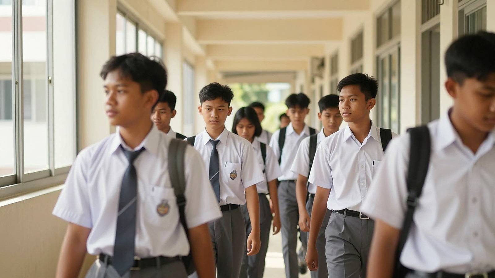 Ilustrasi siswa SMA berseragam berjalan di koridor sekolah pada pagi hari