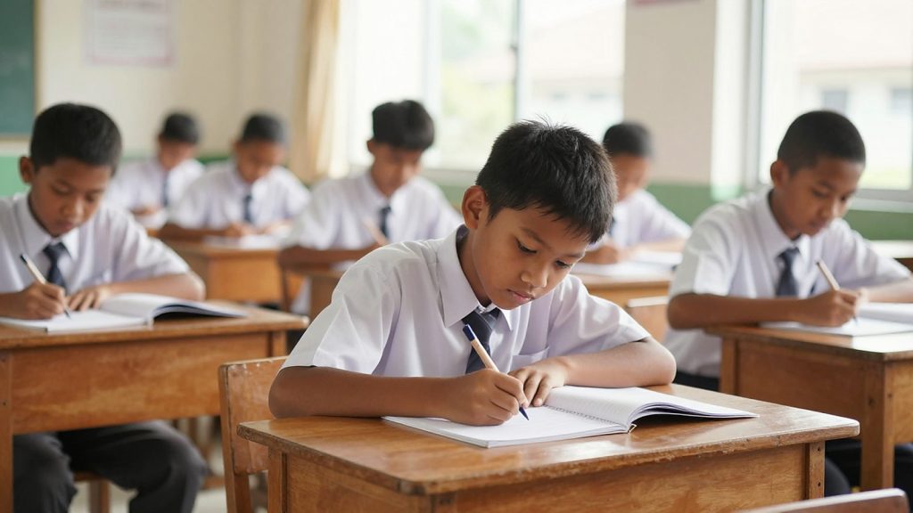 Ilustrasi siswa berseragam menulis di buku pelajaran di dalam kelas
