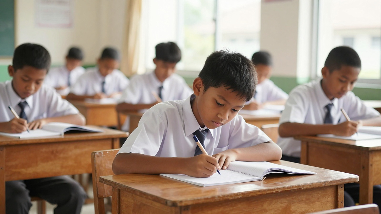 Ilustrasi siswa berseragam menulis di buku pelajaran di dalam kelas