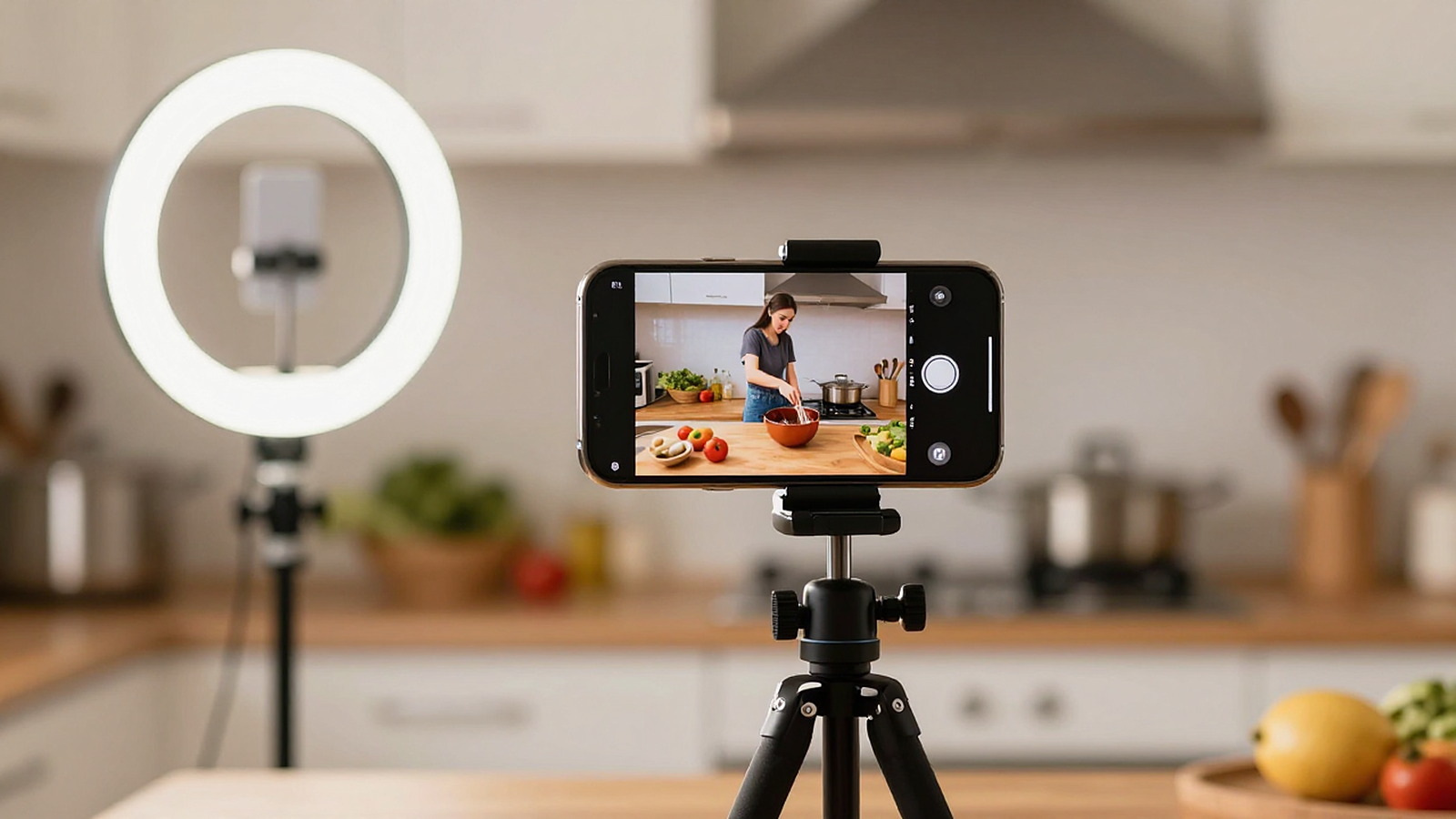 Ilustrasi ponsel di tripod merekam adegan memasak di dapur