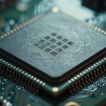 Ilustrasi close-up chip prosesor pada papan sirkuit ponsel