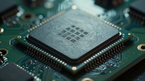 Ilustrasi close-up chip prosesor pada papan sirkuit ponsel