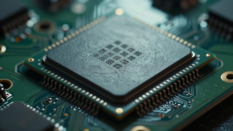 Ilustrasi close-up chip prosesor pada papan sirkuit ponsel