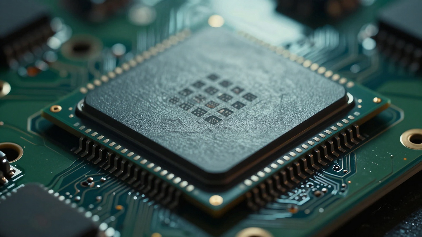 Ilustrasi close-up chip prosesor pada papan sirkuit ponsel