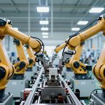 Ilustrasi lengan robot di lini perakitan pabrik