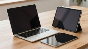 Ilustrasi laptop tipis dan tablet dengan keyboard terpisah di atas meja kayu