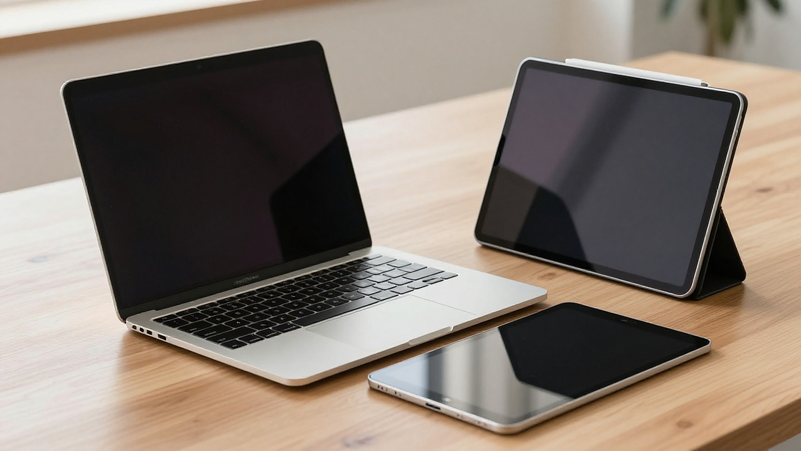 Ilustrasi laptop tipis dan tablet dengan keyboard terpisah di atas meja kayu