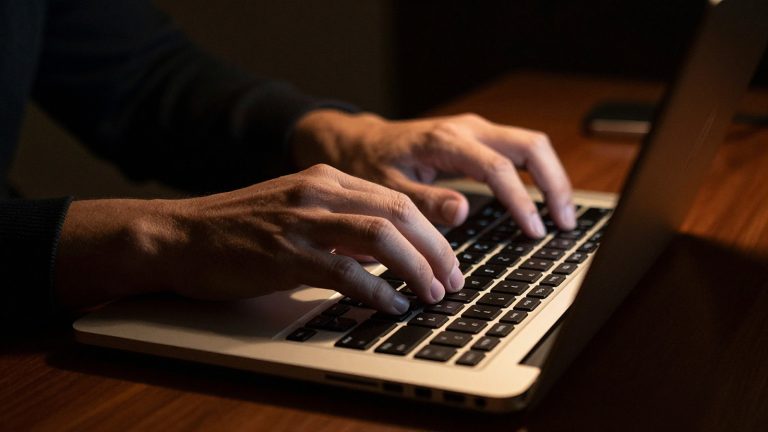 Ilustrasi tangan mengetik di keyboard laptop pada ruangan redup
