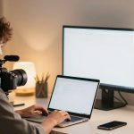 Ilustrasi kreator konten bekerja di meja dengan kamera, lampu cincin, dan laptop